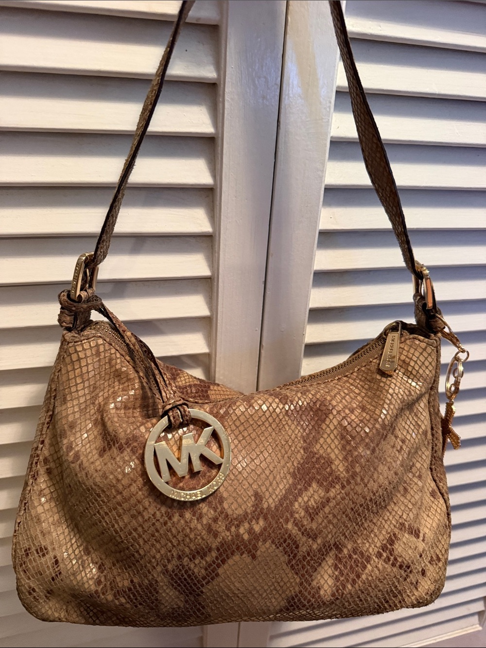 Michael Kors Fulton python-embossed leather Shoulder Bag with Cross Charm